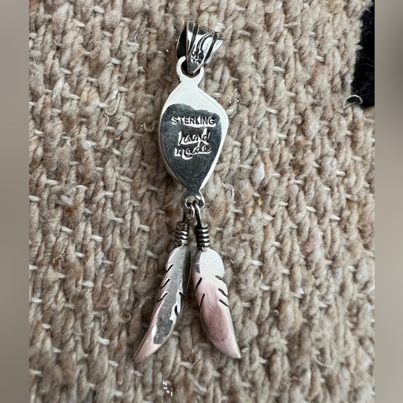 ❤️ Kingman Turquoise Navajo Southwestern Feather Sterling Pendant 5.6gm 2.34”L - Picture 7 of 15